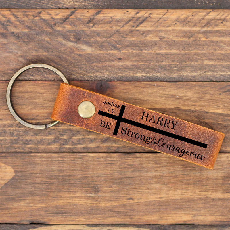 Joshua 1:9 Be Strong & Courages Personalized Christian Gift for Men Custom Bible Verse Engraved Leather Keychain