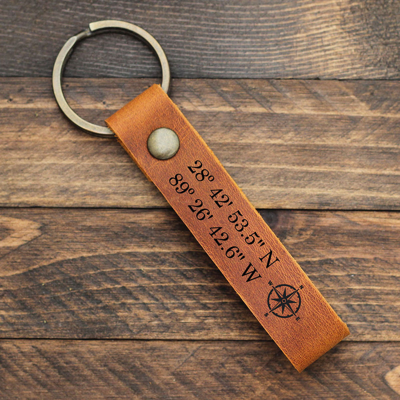 Custom Coordinate Engraved Leather Keychain, Personalized Anniversary Gift