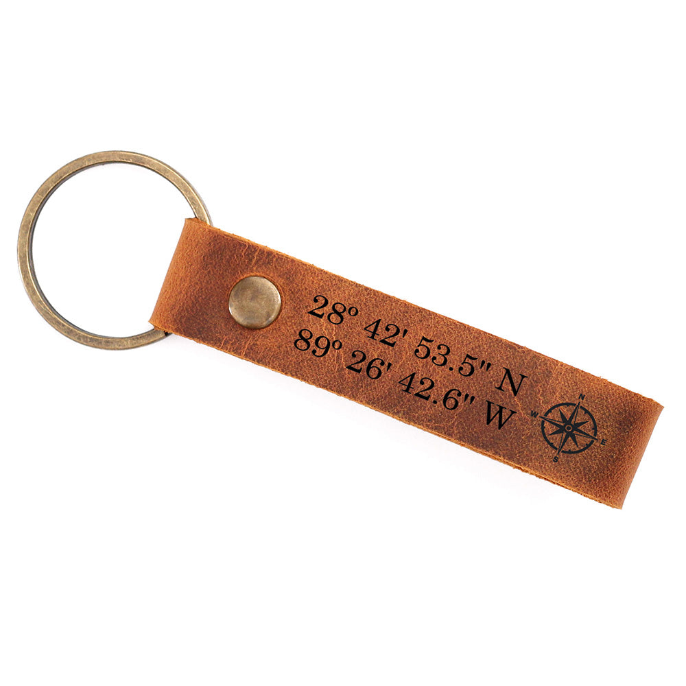 Custom Coordinate Engraved Leather Keychain, Personalized Anniversary Gift