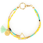 Tribal Seed Bead Geometric Gold Triangle Bracelet with Small Coin Charm and Tassel