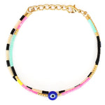 Pink, Mint and Gold Colorful Rainbow Beaded Evil Eye Bracelet