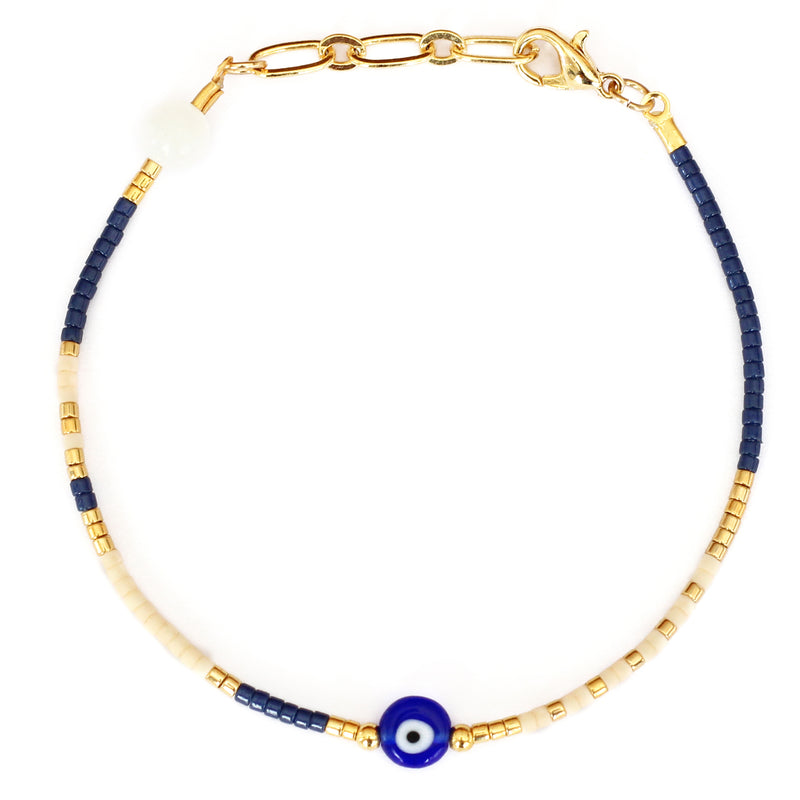 Navy Blue and Gold Beaded Evil Eye Bracelet