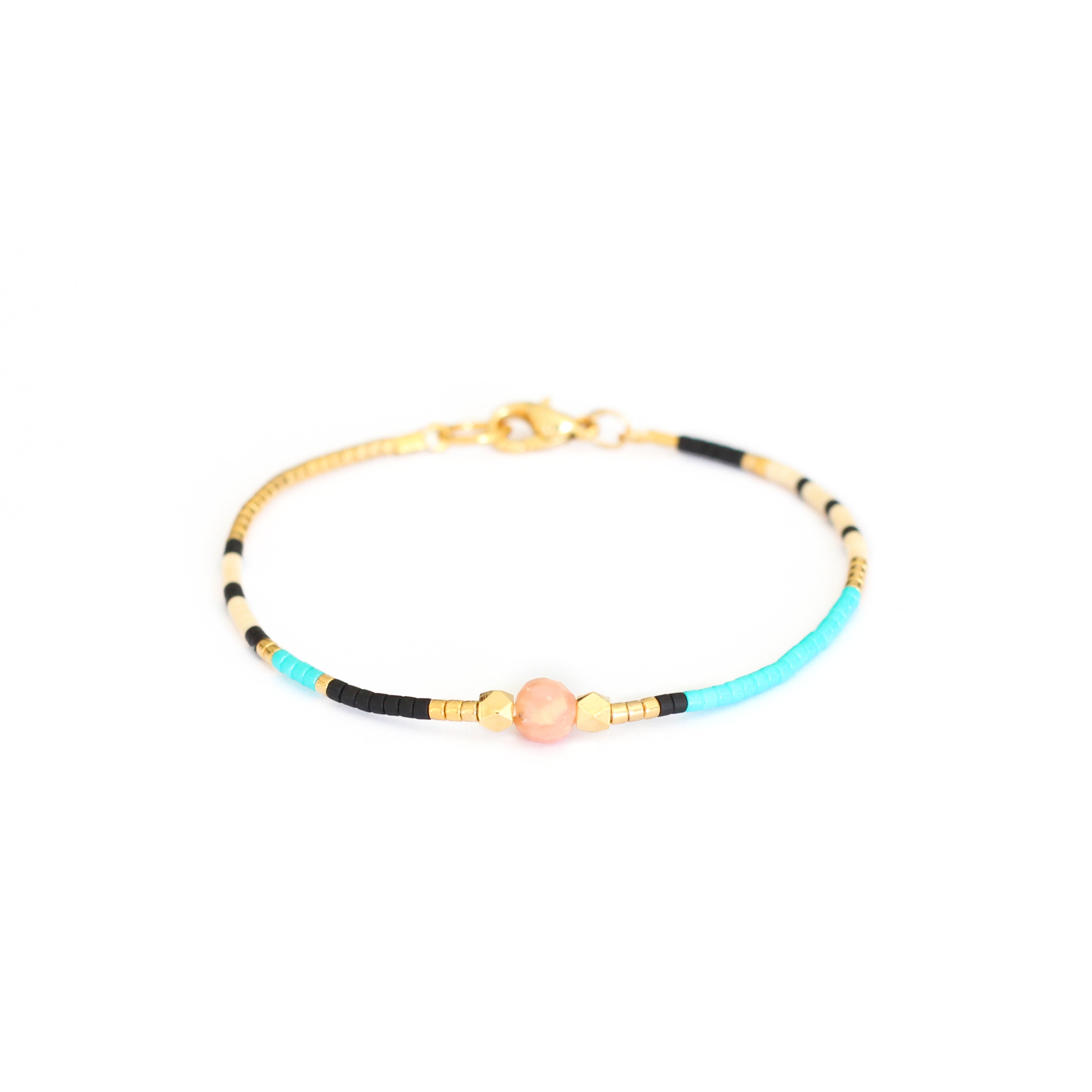 Gold, Turquoise and Black Beaded Pink Opal Crystal Bracelet