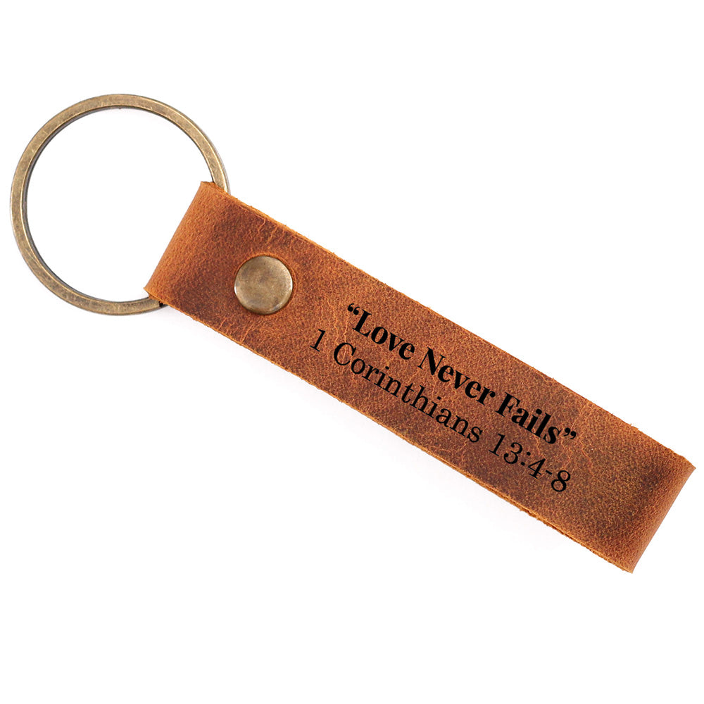 Love Never Fails Inspirational Bible Verse Engraved Leather Keychain, Christian Gift