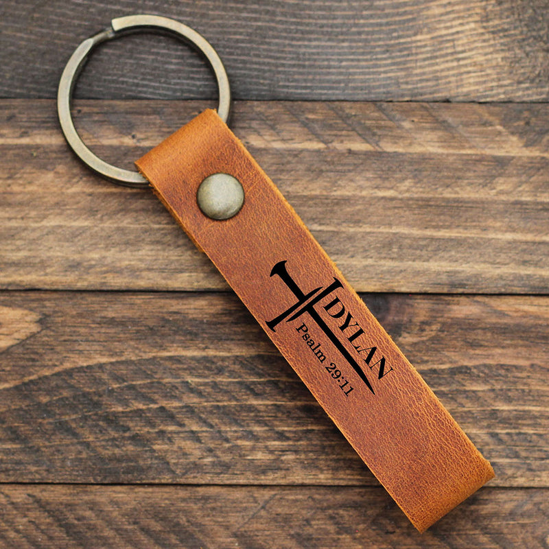 Nailed Cross Engraved Personalized Leather Keychain for Men