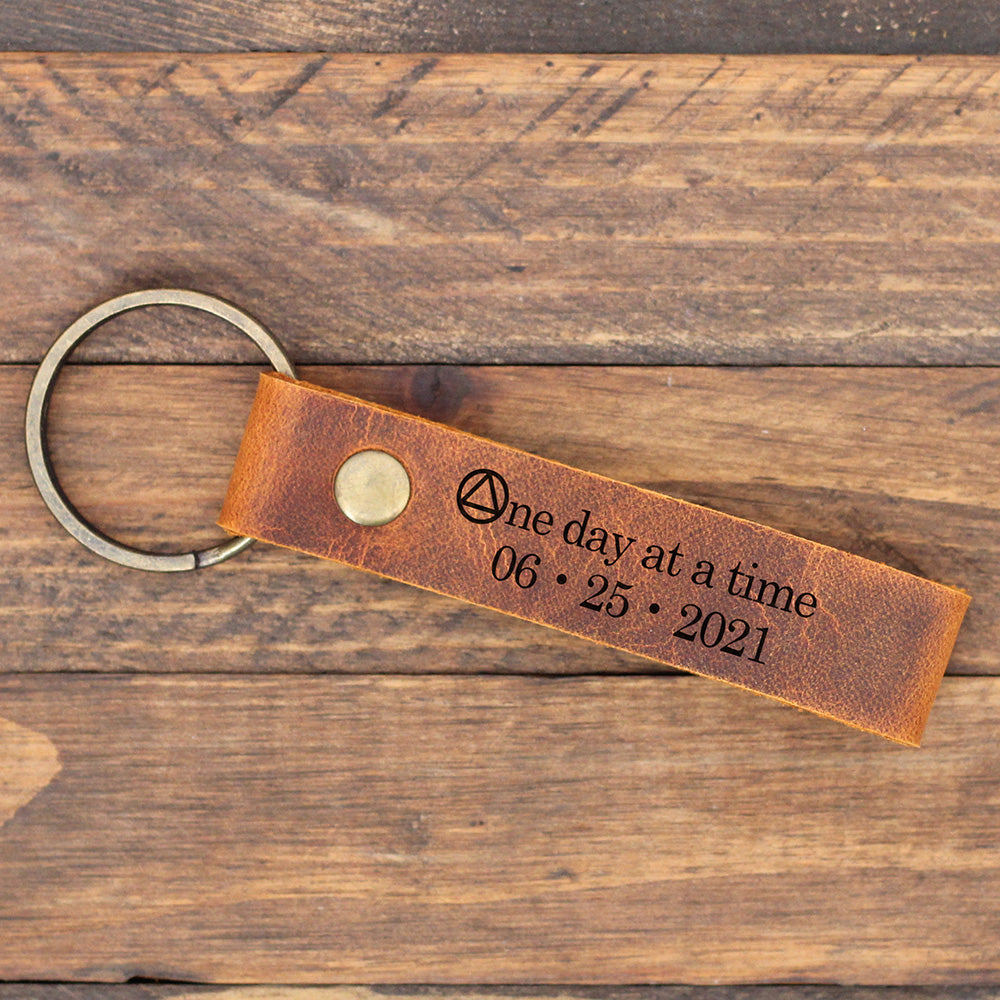 One Day at a Time Sobriety Anniversary Gift Personalized Leather Keychain