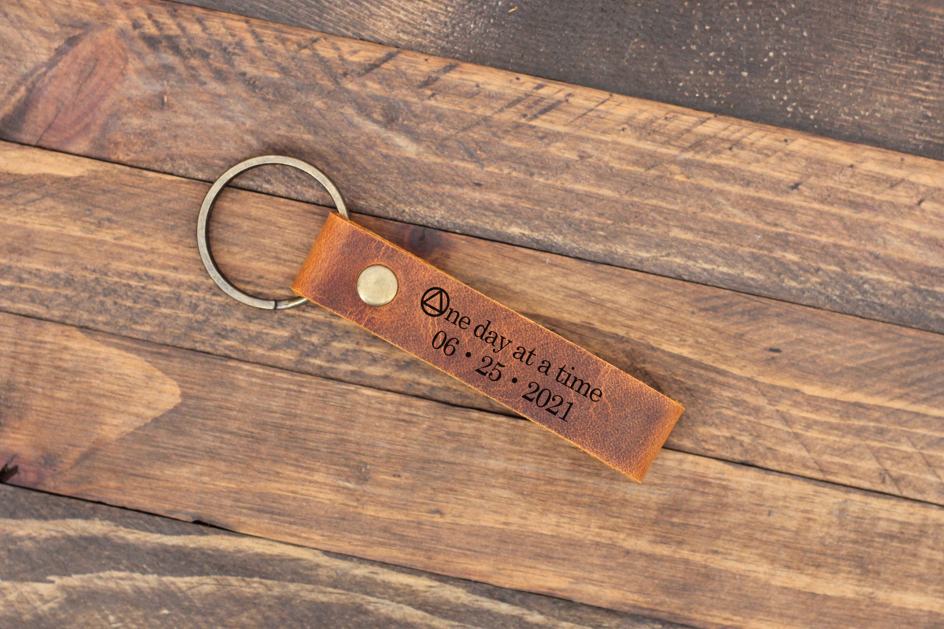One Day at a Time Sobriety Anniversary Gift Personalized Leather Keychain