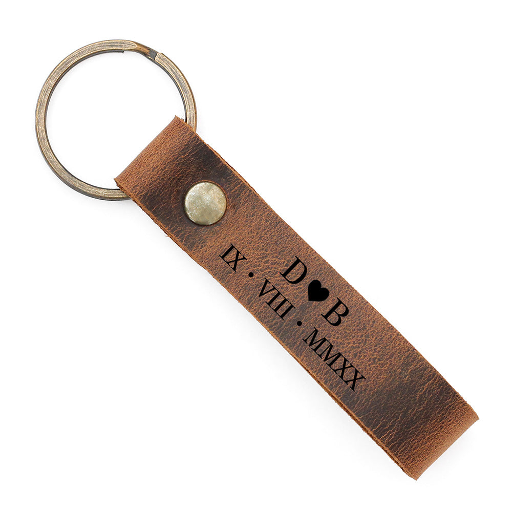 Initial and Roman Numerals Engraved Personalized Leather Keychain